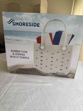 White Rubber Tote with Striped Beach Towels